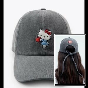 Zara x Hello Kitty Embroidered Gray Baseball Cap Bow Back Adjustable‎ Kawaii Hat